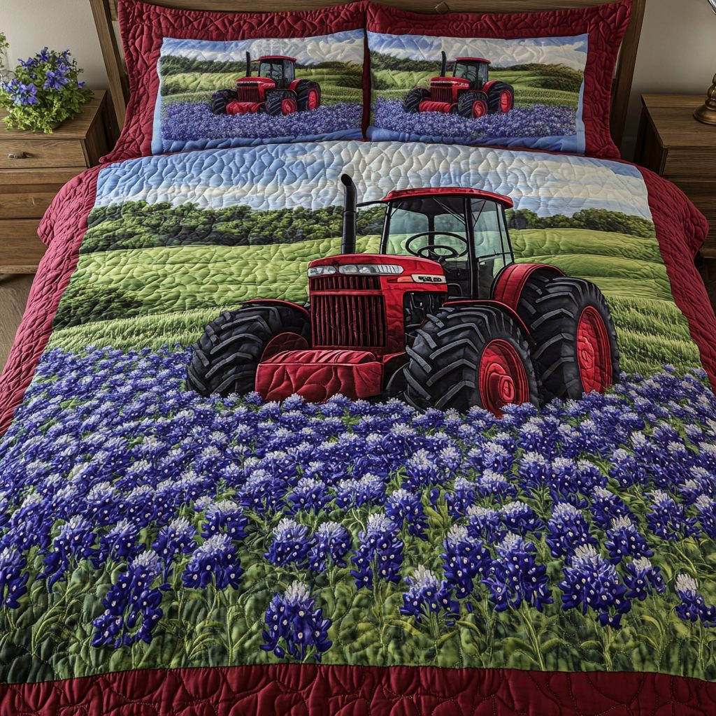 Prairie Blue quilted 3-piece bedding set on a made bed in a rustic timber bedroom