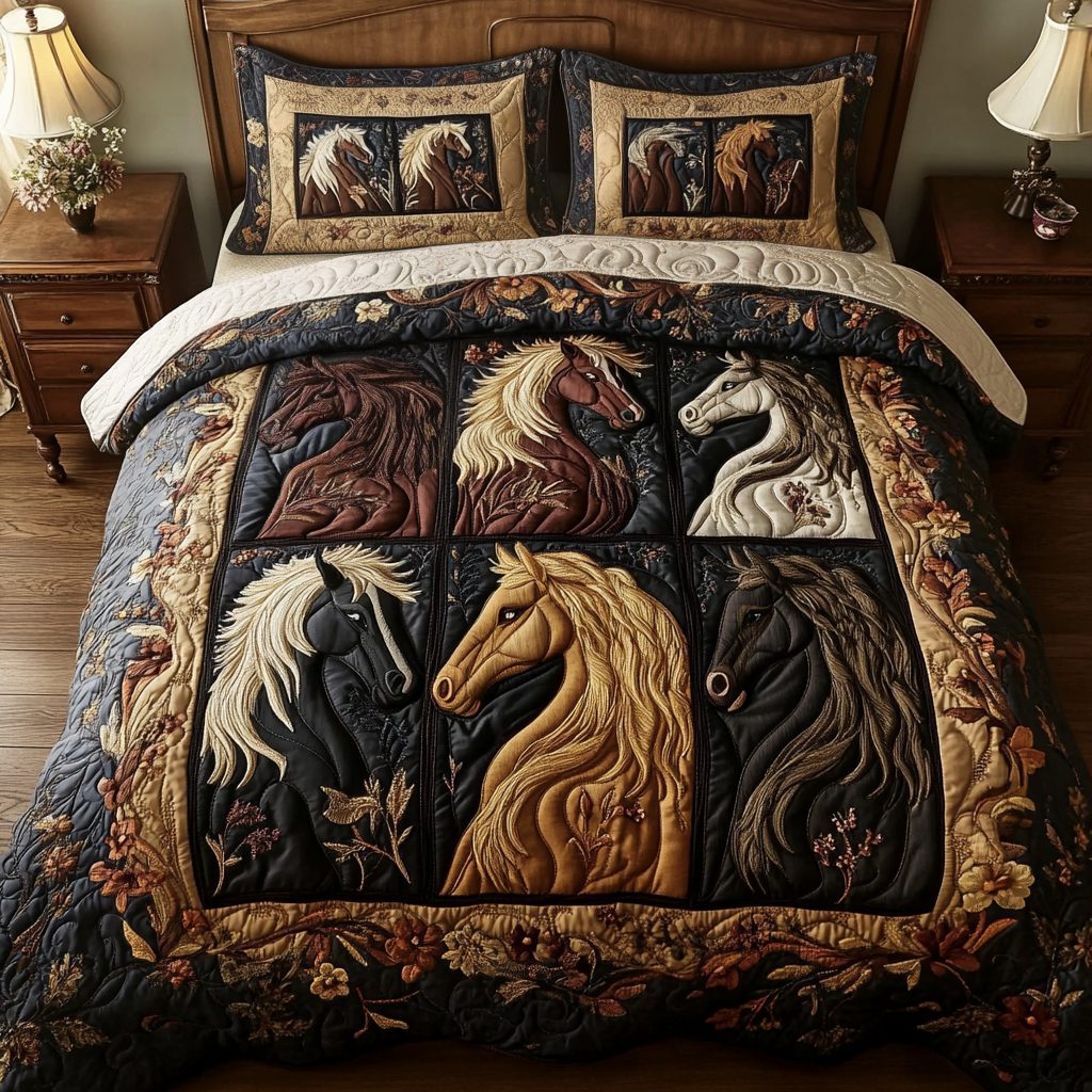 Prairie Dreams quilted 3-piece bedding set on a made bed in a rustic timber bedroom