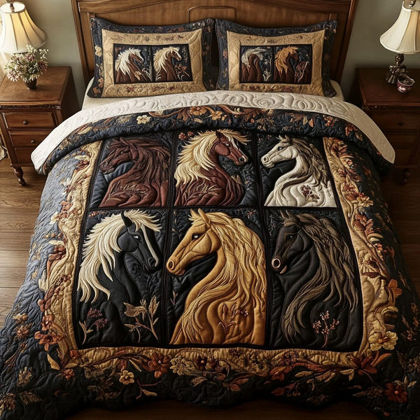 Prairie Dreams quilted 3-piece bedding set on a made bed in a rustic timber bedroom