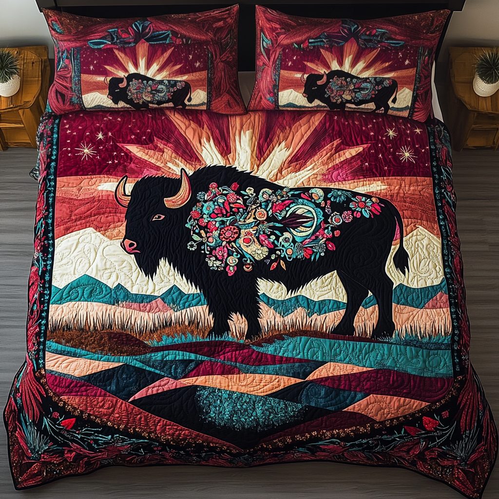 Prairie Echo quilted 3-piece bedding set on a made bed in a rustic timber bedroom