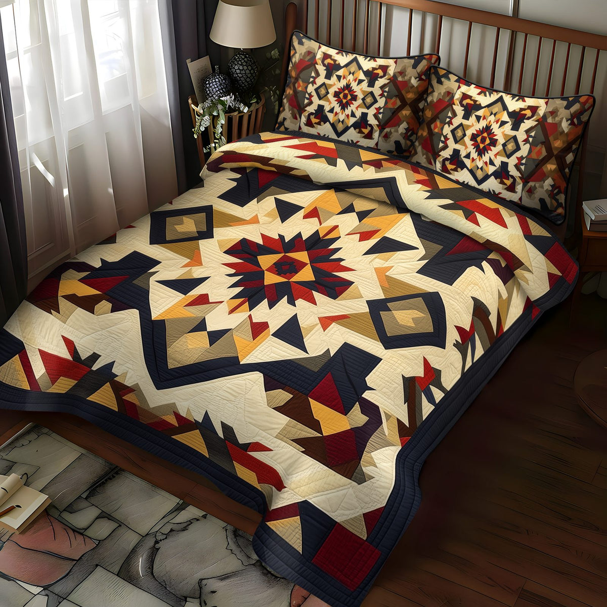 Prairie Flames quilted 3-piece bedding set on a made bed in a rustic timber bedroom