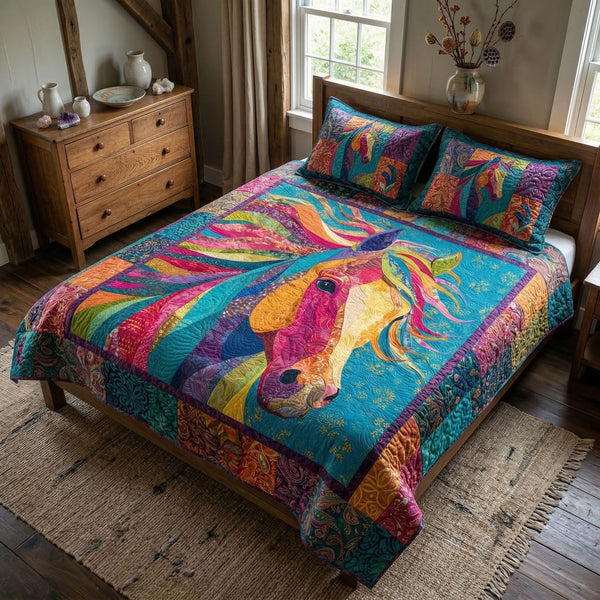 Prairie Glow quilted 3-piece bedding set on a made bed in a rustic timber bedroom
