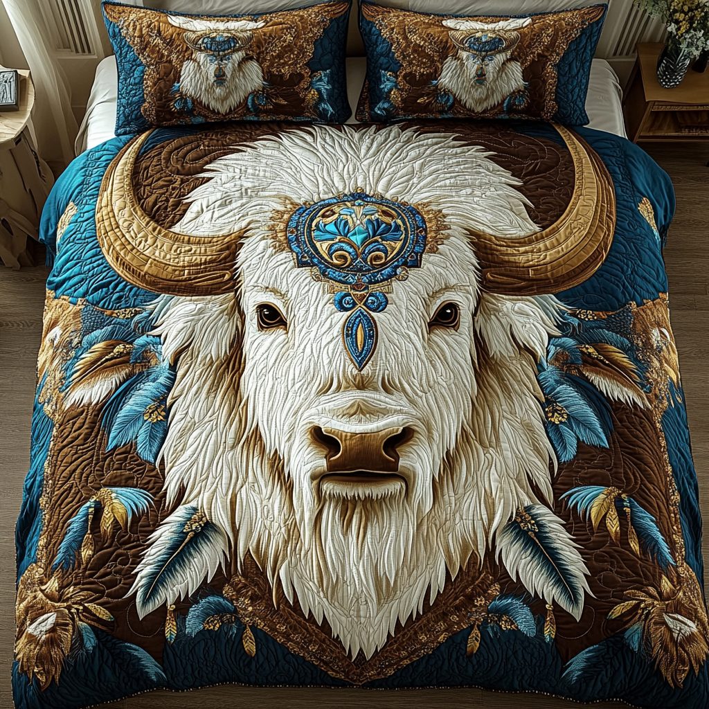 Prairie Guardian quilted 3-piece bedding set on a made bed in a rustic timber bedroom