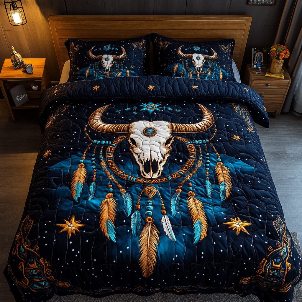 Prairie Heritage quilted 3-piece bedding set on a made bed in a rustic timber bedroom