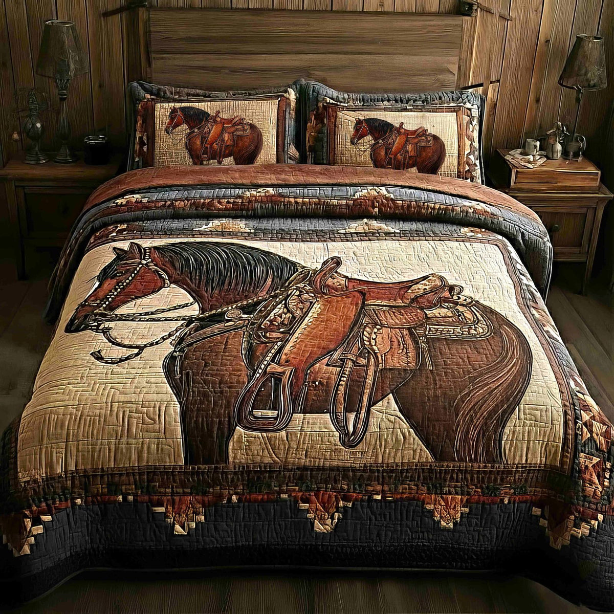 Prairie Horse quilted 3-piece bedding set on a made bed in a rustic timber bedroom
