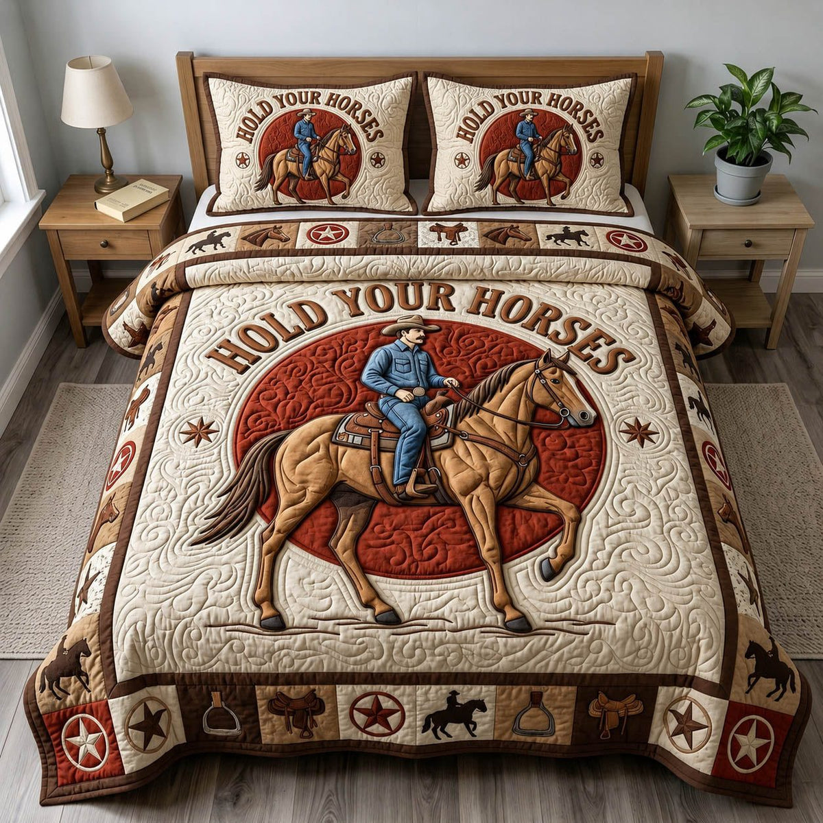 Prairie Horse quilted 3-piece bedding set on a made bed in a rustic timber bedroom