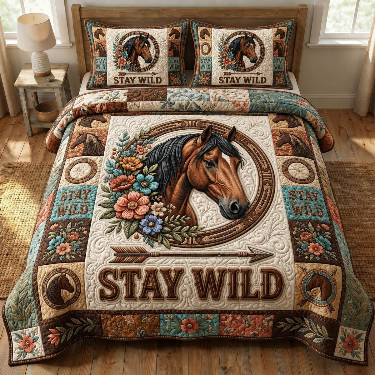 Prairie Horse quilted 3-piece bedding set on a made bed in a rustic timber bedroom