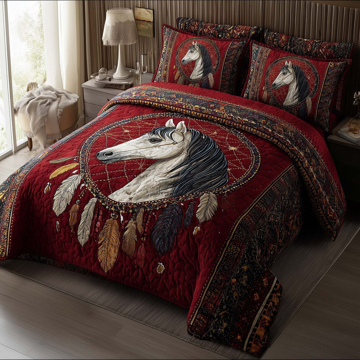 Prairie Horse quilted 3-piece bedding set on a made bed in a rustic timber bedroom
