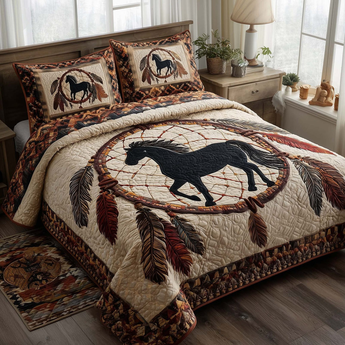 Prairie Horse quilted 3-piece bedding set on a made bed in a rustic timber bedroom