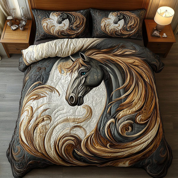 Prairie King quilted 3-piece bedding set on a made bed in a rustic timber bedroom
