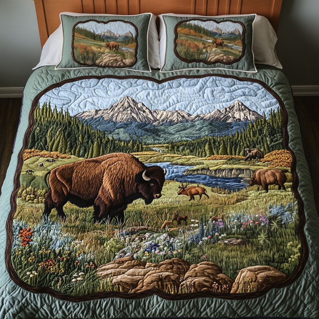 Prairie King quilted 3-piece bedding set on a made bed in a rustic timber bedroom