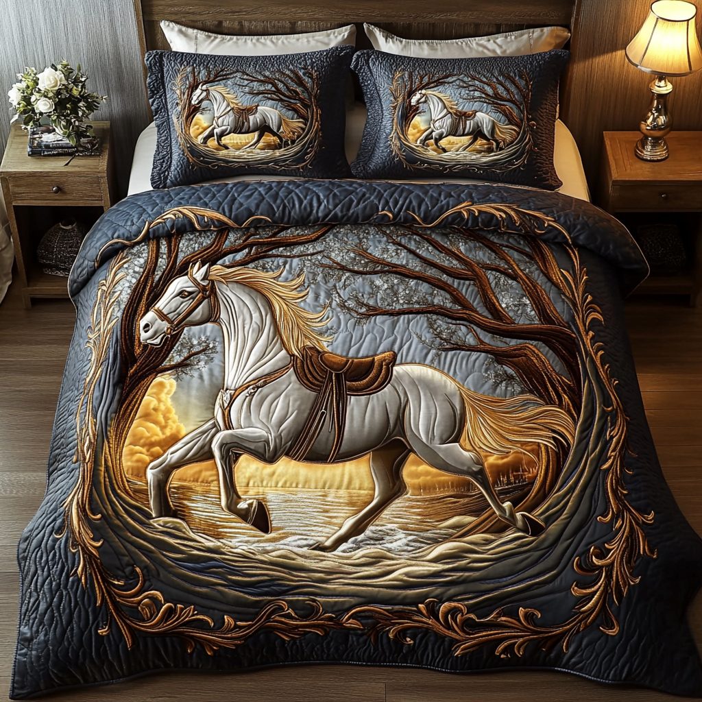 Prairie King quilted 3-piece bedding set on a made bed in a rustic timber bedroom