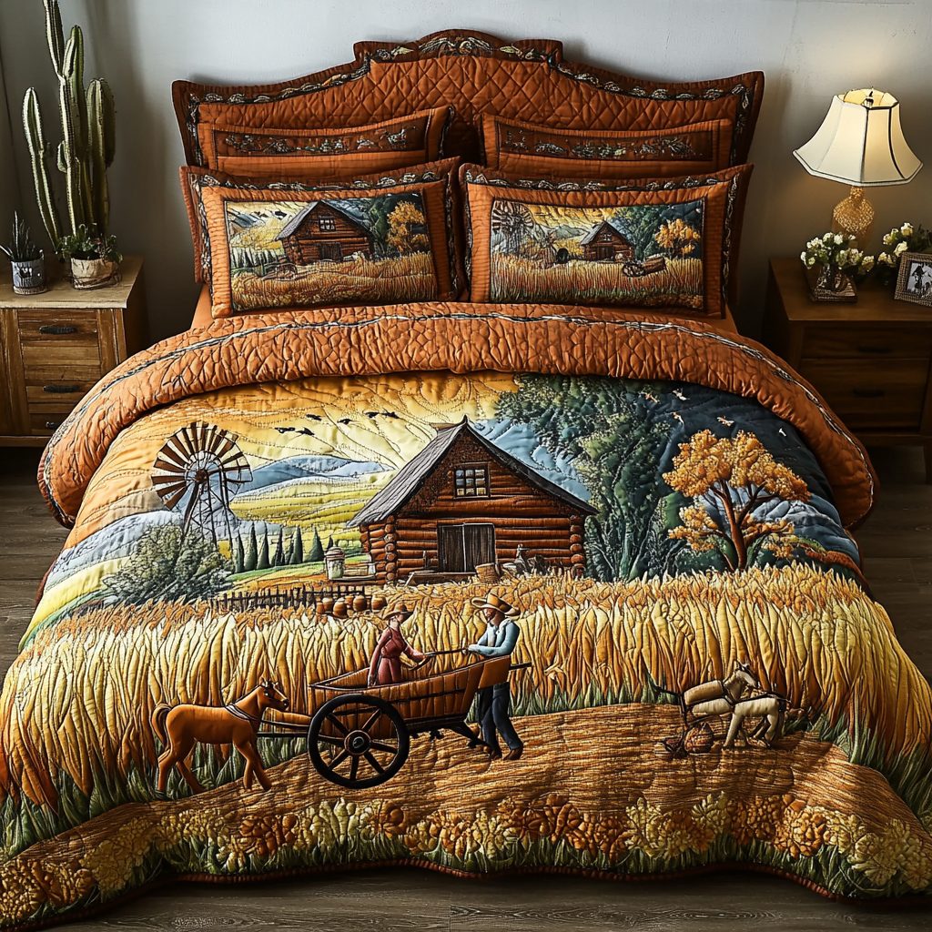 Prairie Life quilted 3-piece bedding set on a made bed in a rustic timber bedroom