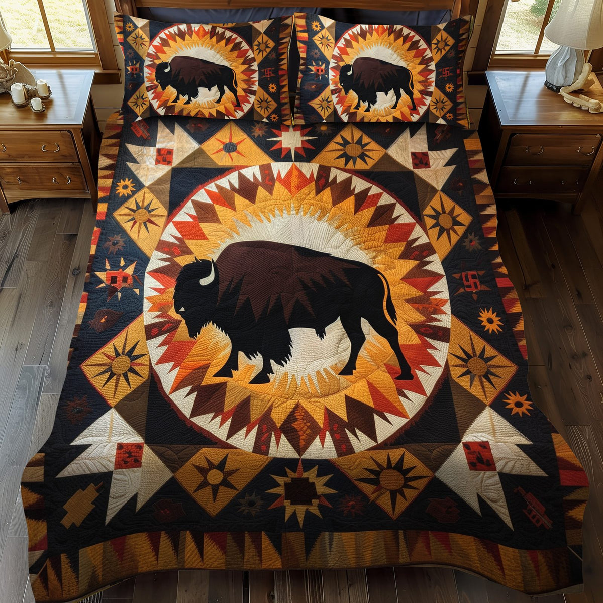 Prairie Monarch quilted 3-piece bedding set on a made bed in a rustic timber bedroom