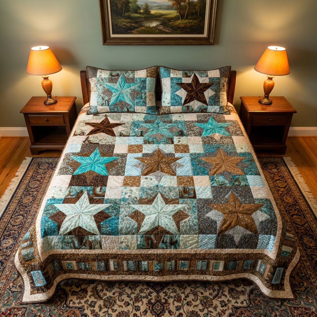 Prairie Patch quilted 3-piece bedding set on a made bed in a rustic timber bedroom