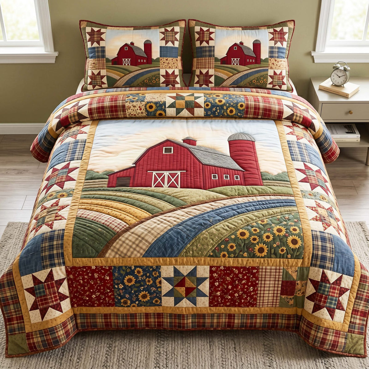Prairie Patchwork quilted 3-piece bedding set on a made bed in a rustic timber bedroom