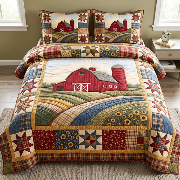 Prairie Patchwork quilted 3-piece bedding set on a made bed in a rustic timber bedroom