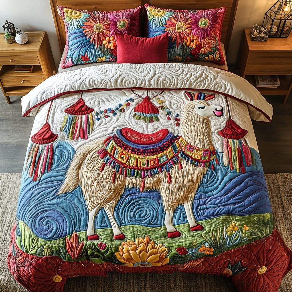 Prairie Peace quilted 3-piece bedding set on a made bed in a rustic timber bedroom
