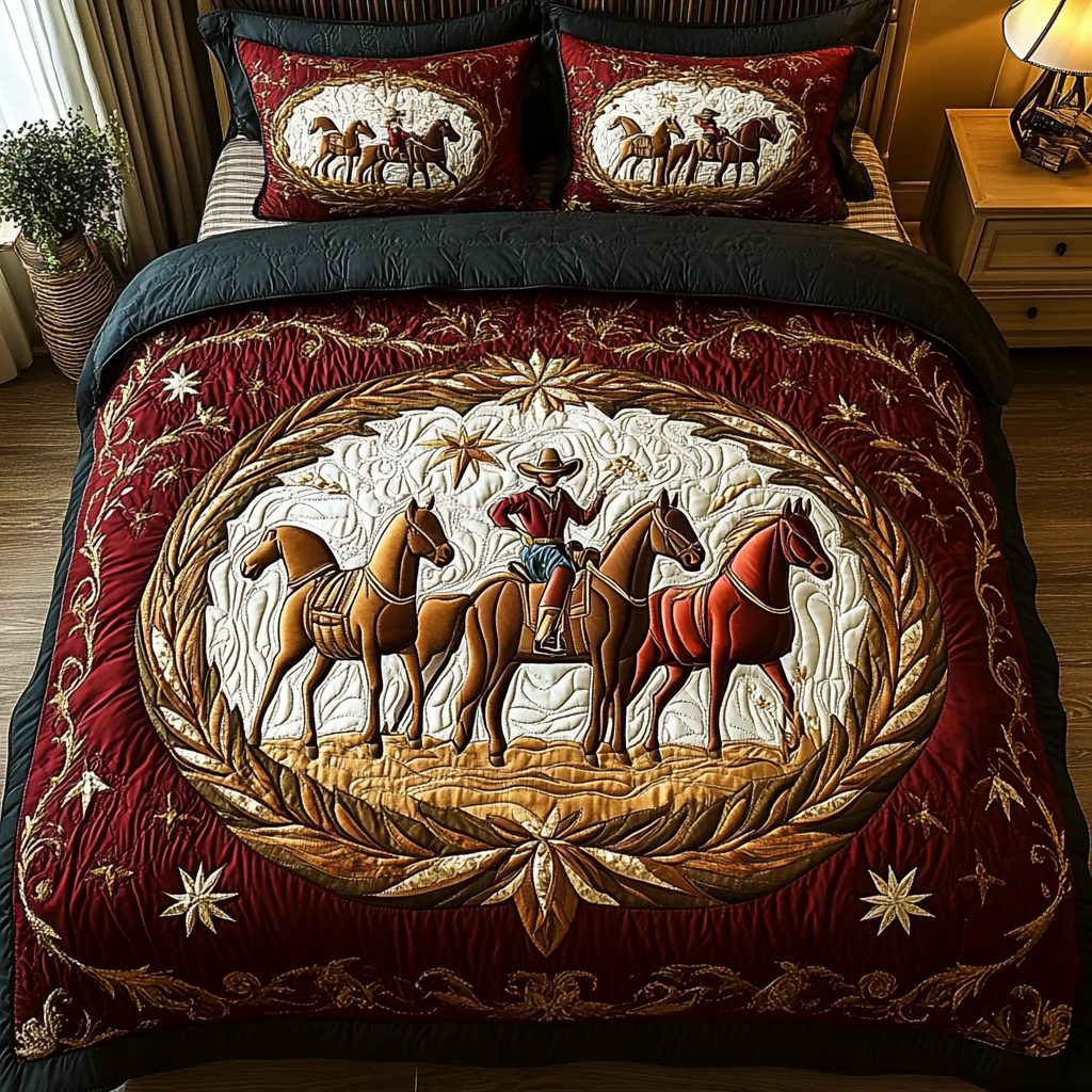 Prairie Pride quilted 3-piece bedding set on a made bed in a rustic timber bedroom
