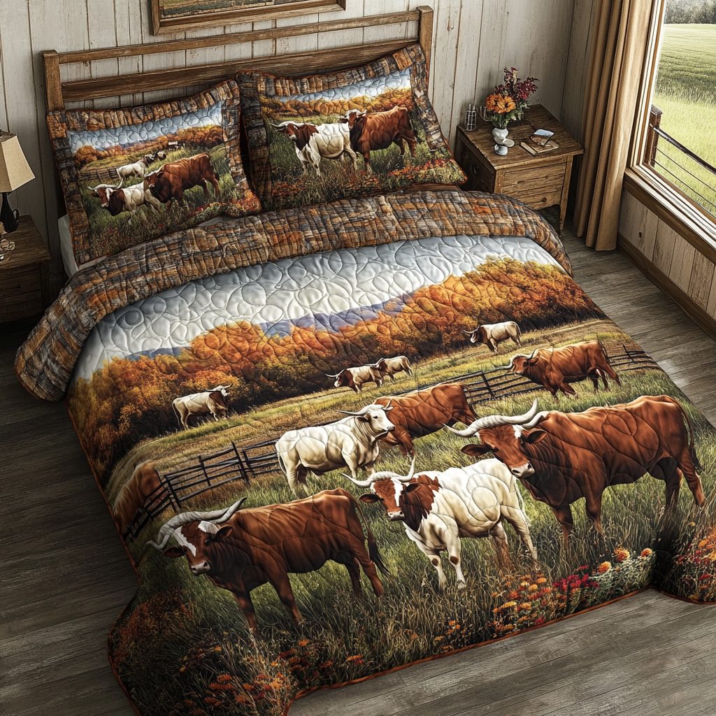 Prairie Pride quilted 3-piece bedding set on a made bed in a rustic timber bedroom