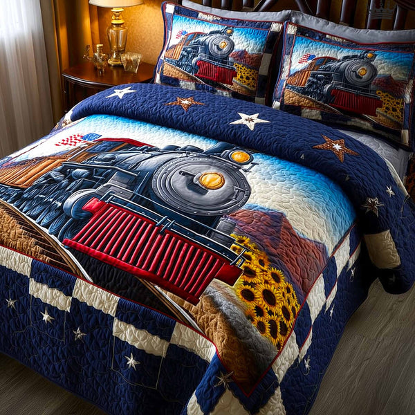 Prairie Rail quilted 3-piece bedding set on a made bed in a rustic timber bedroom