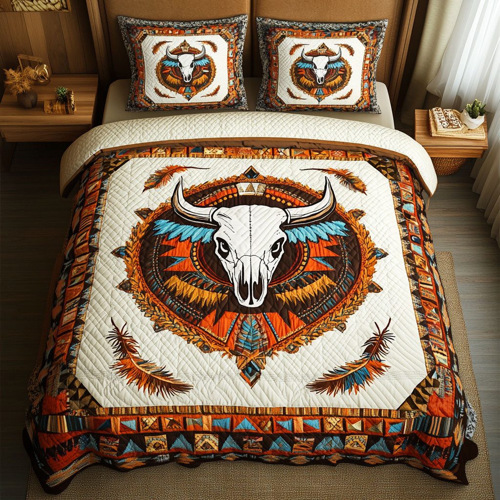 Prairie Sky quilted 3-piece bedding set on a made bed in a rustic timber bedroom