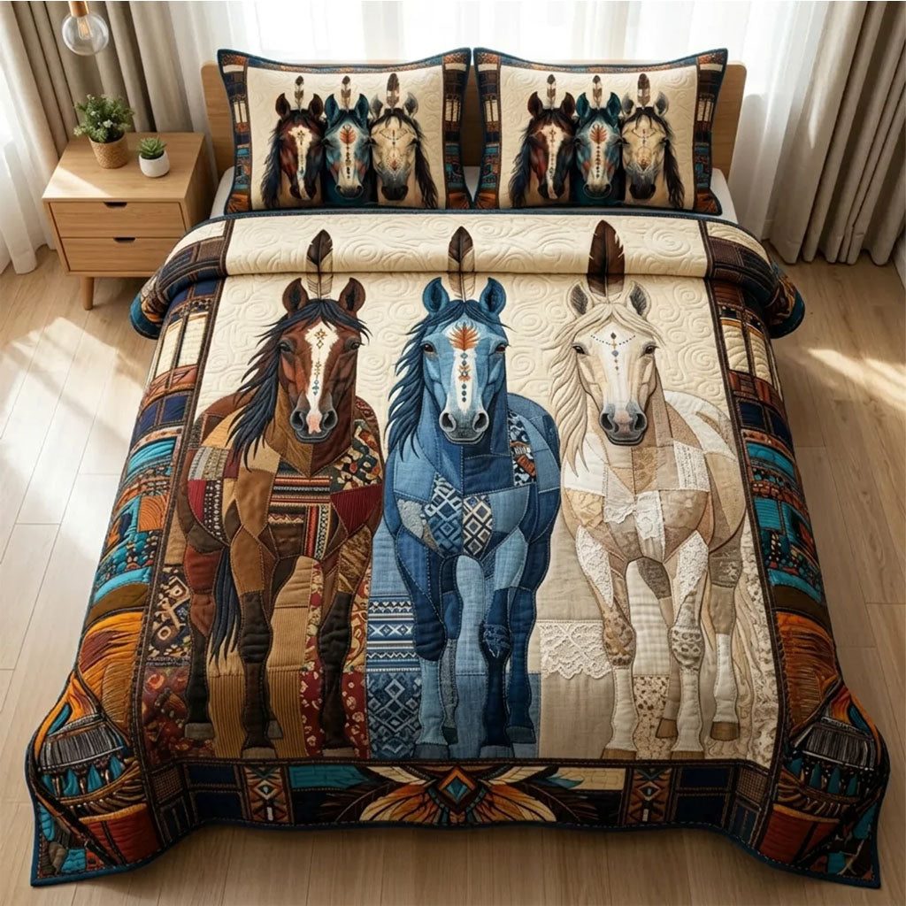 Prairie Soul Runner quilted 3-piece bedding set on a made bed in a rustic timber bedroom