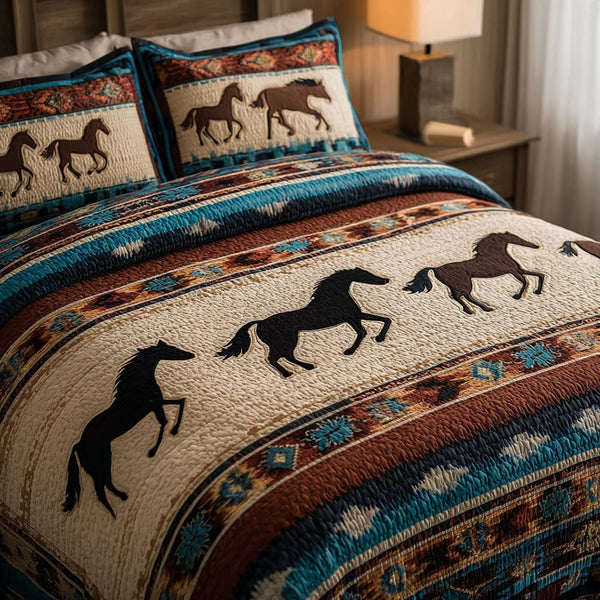 Prairie Spirit quilted 3-piece bedding set on a made bed in a rustic timber bedroom