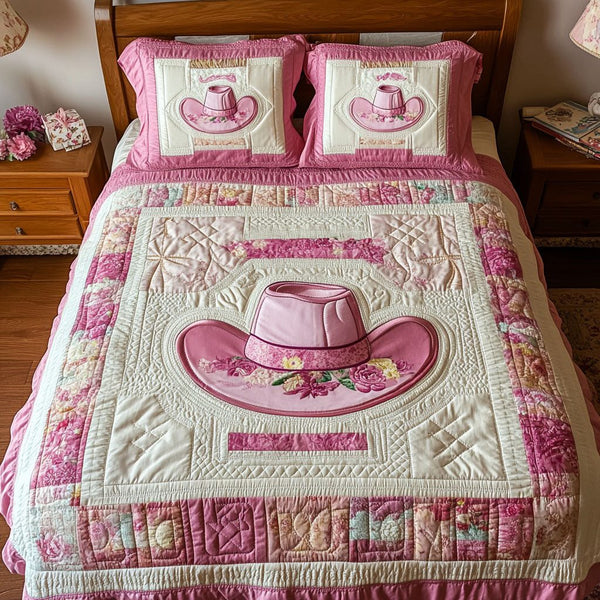 Prairie Spirit quilted 3-piece bedding set on a made bed in a rustic timber bedroom
