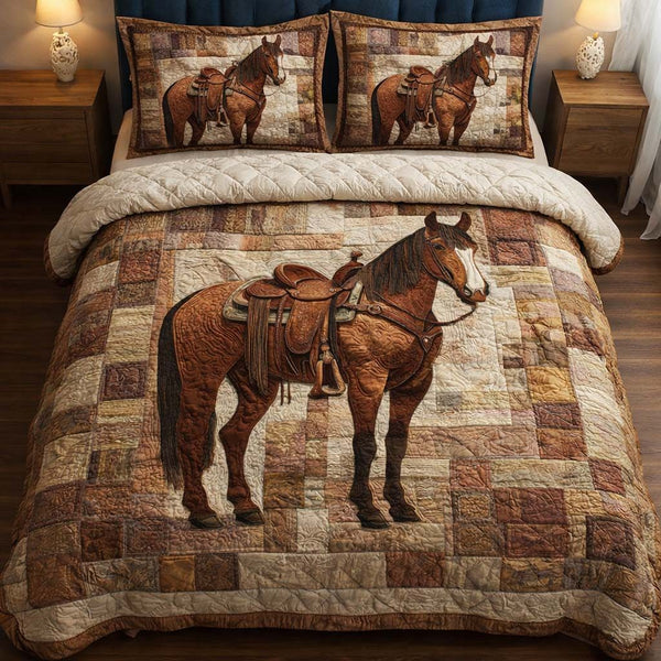 Prairie Stallion quilted 3-piece bedding set on a made bed in a rustic timber bedroom