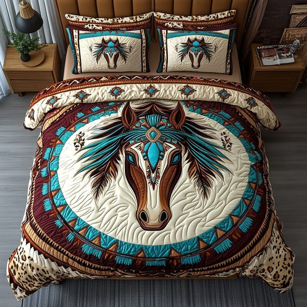 Prairie Stallion quilted 3-piece bedding set on a made bed in a rustic timber bedroom