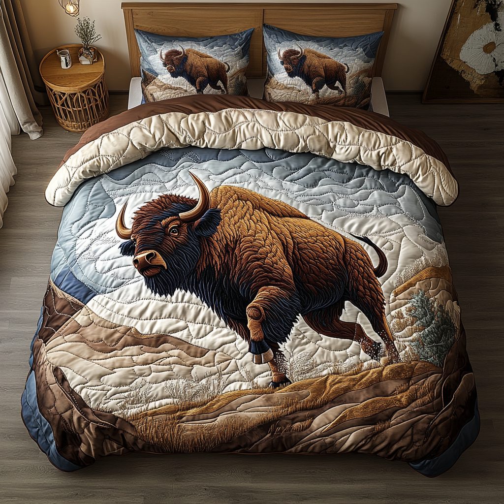 Prairie Strength quilted 3-piece bedding set on a made bed in a rustic timber bedroom