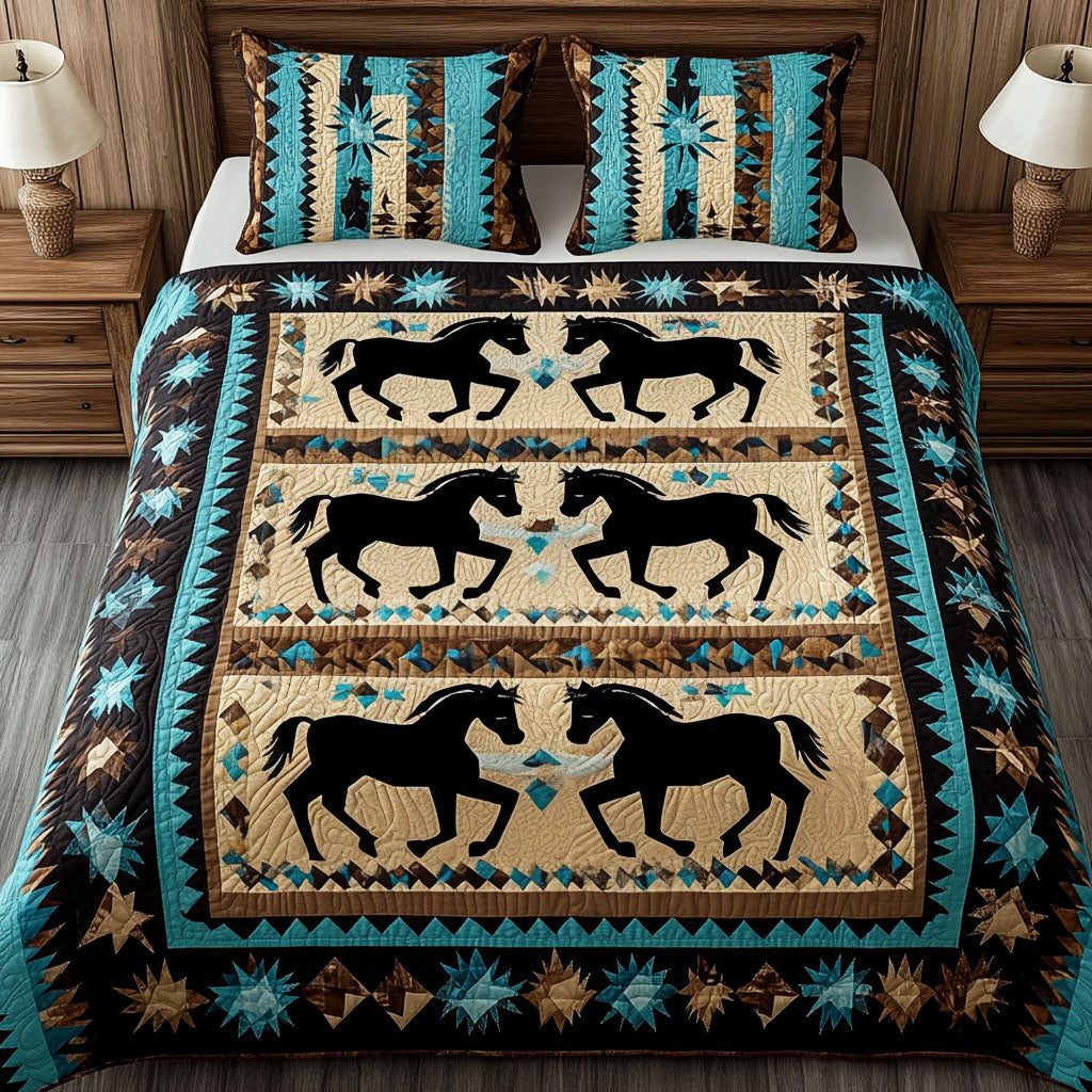 Prairie Sunset quilted 3-piece bedding set on a made bed in a rustic timber bedroom