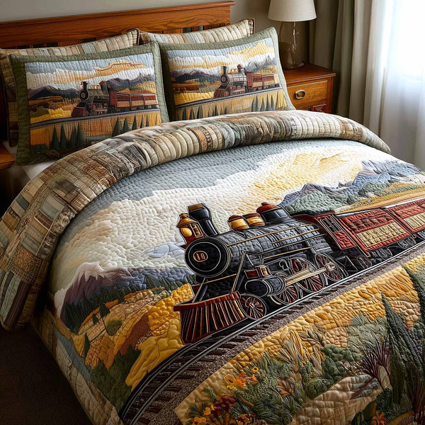 Prairie Train quilted 3-piece bedding set on a made bed in a rustic timber bedroom