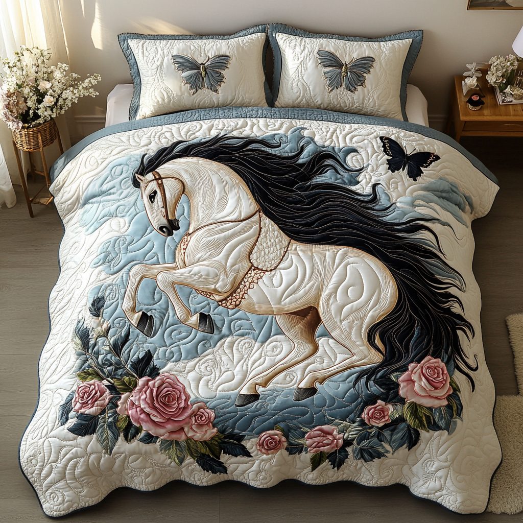 Prairie Whispers quilted 3-piece bedding set on a made bed in a rustic timber bedroom