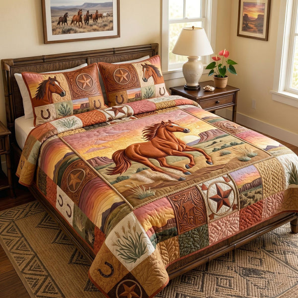 Prairie Wind quilted 3-piece bedding set on a made bed in a rustic timber bedroom