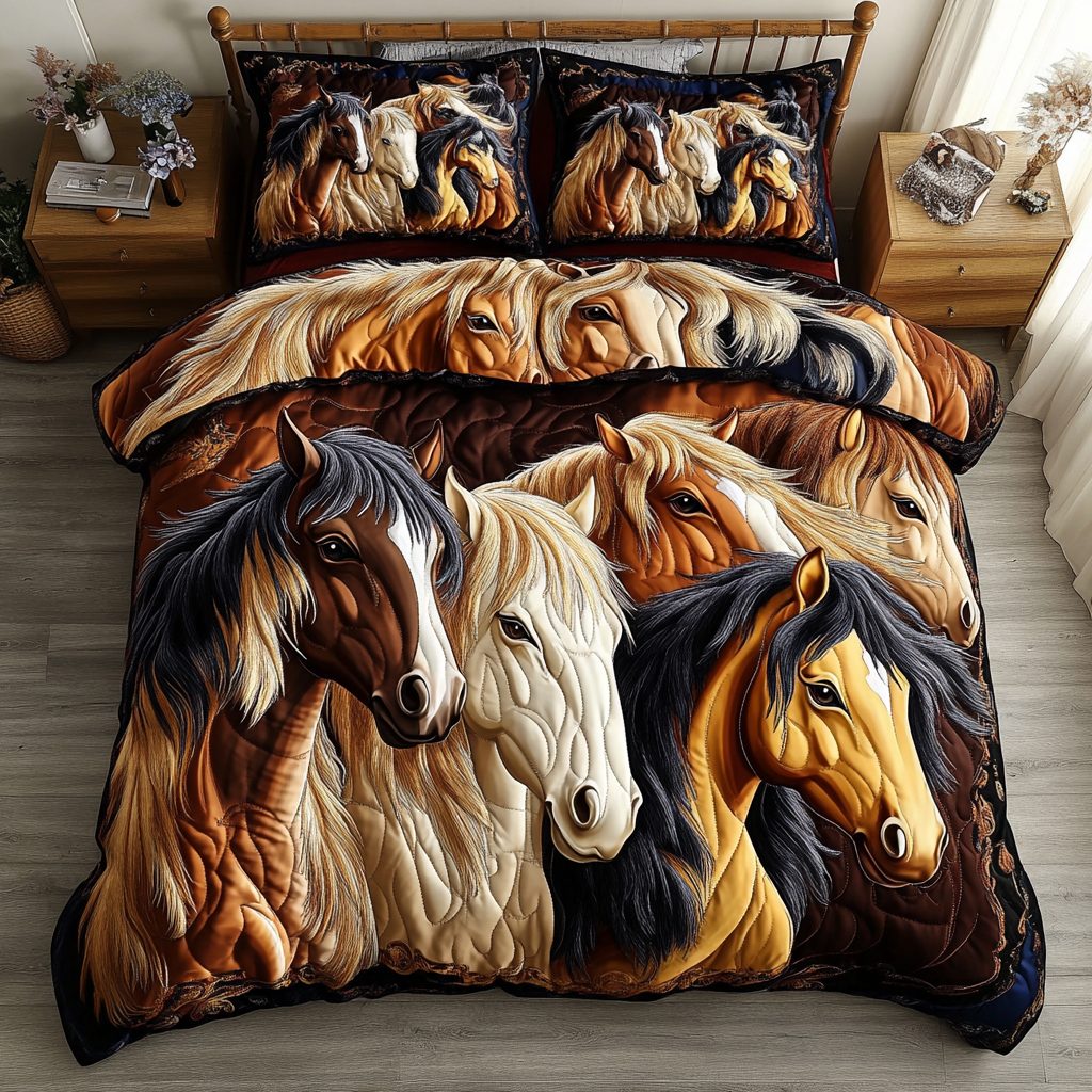 Prancing Meadows quilted 3-piece bedding set on a made bed with two matching pillow shams