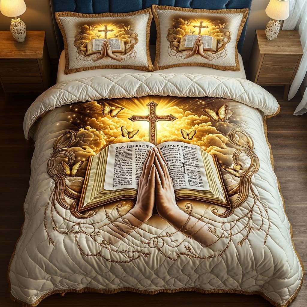 Prayer and Scripture quilted 3-piece bedding set on a made bed in a softly lit bedroom