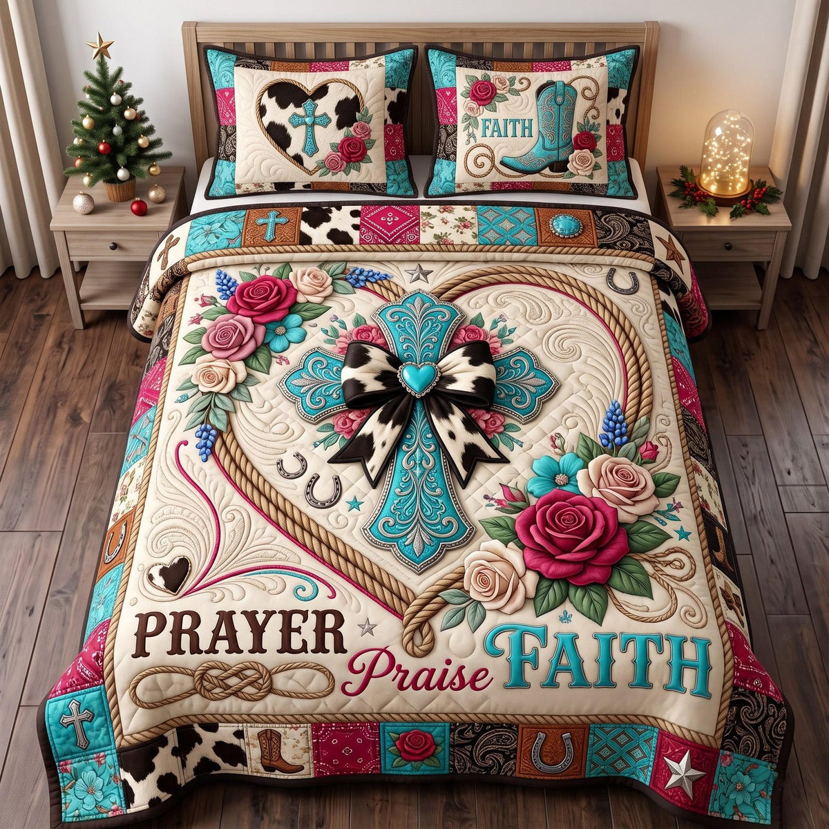 Prayer Praise Faith quilted 3-piece bedding set on a made bed in a softly lit bedroom