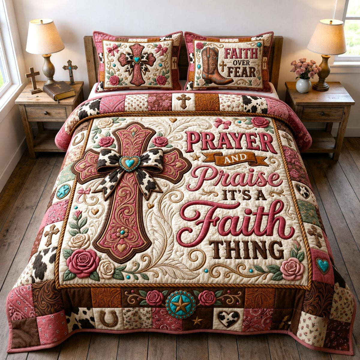 Prayer Promise Faith quilted 3-piece bedding set on a made bed in a softly lit bedroom