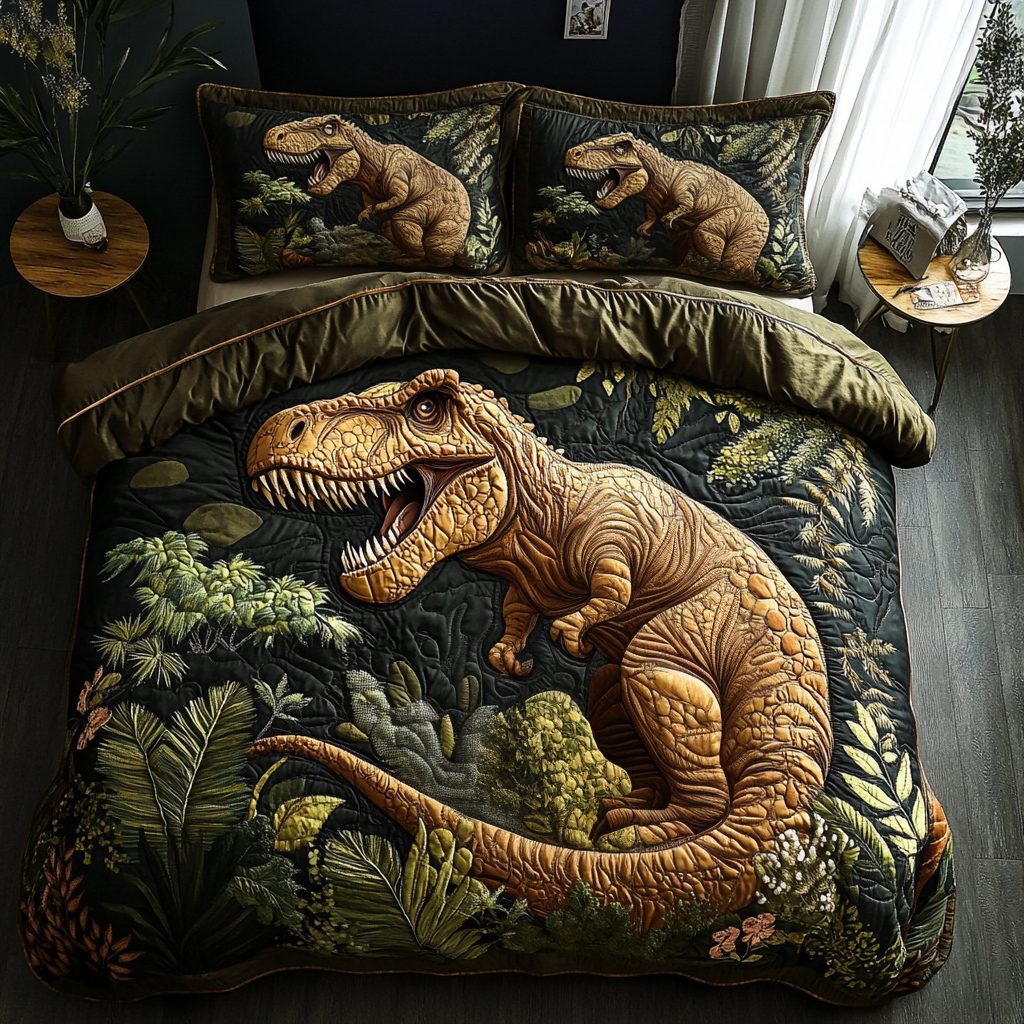 Prehistoric Kingdom quilted 3-piece bedding set on a made bed with two matching pillow shams
