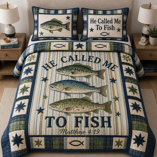 Preppy Christian Fishing quilted 3-piece bedding set on a made bed in a softly lit bedroom