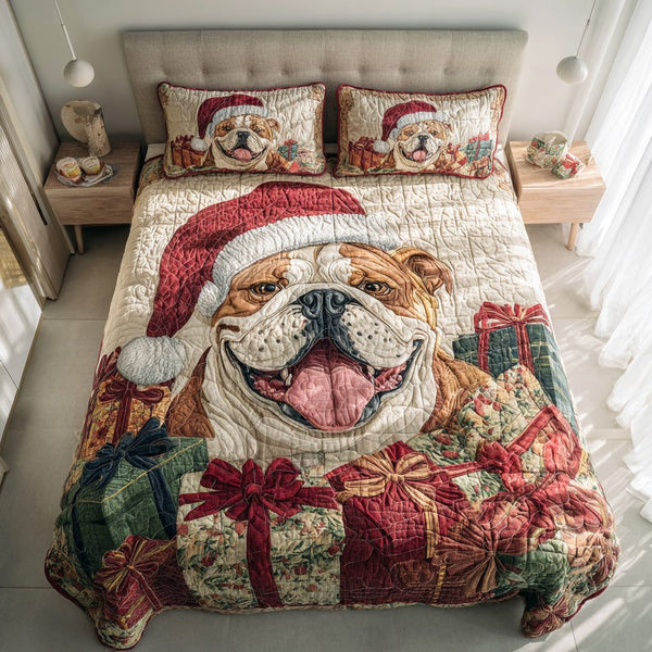 Present Bulldog Pal quilted 3-piece bedding set on a made bed with two matching pillow shams