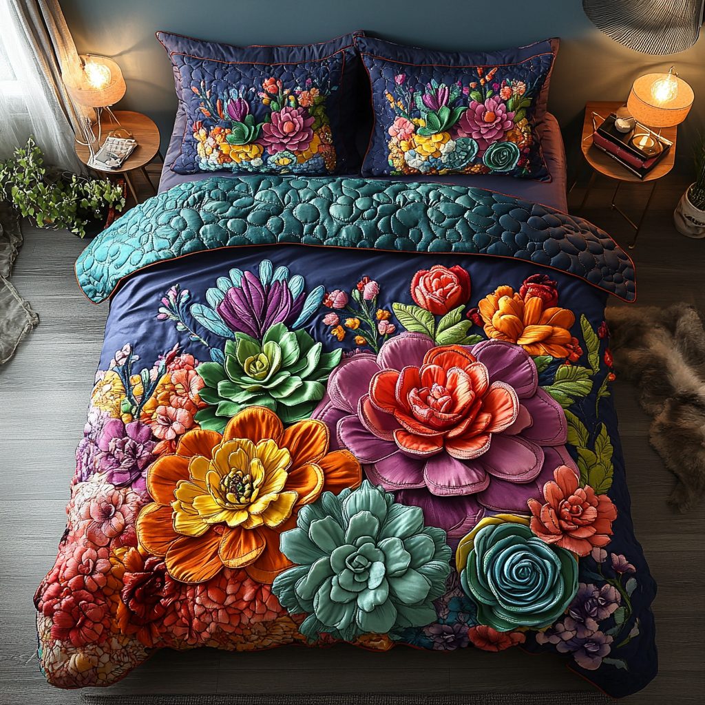 Prickles and Blooms quilted 3-piece bedding set on a made bed with two matching pillow shams