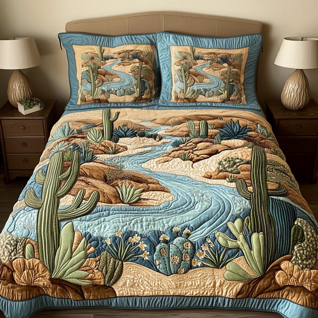 Prickly Beauty quilted 3-piece bedding set on a made bed with two matching pillow shams