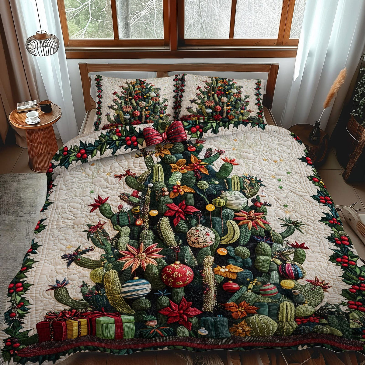 Prickly Paradise quilted 3-piece bedding set on a made bed with two matching pillow shams