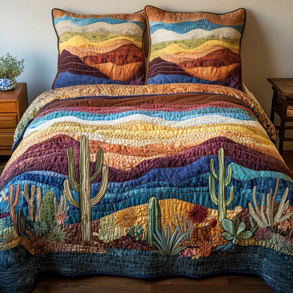 Prickly Paradise quilted 3-piece bedding set on a made bed with two matching pillow shams