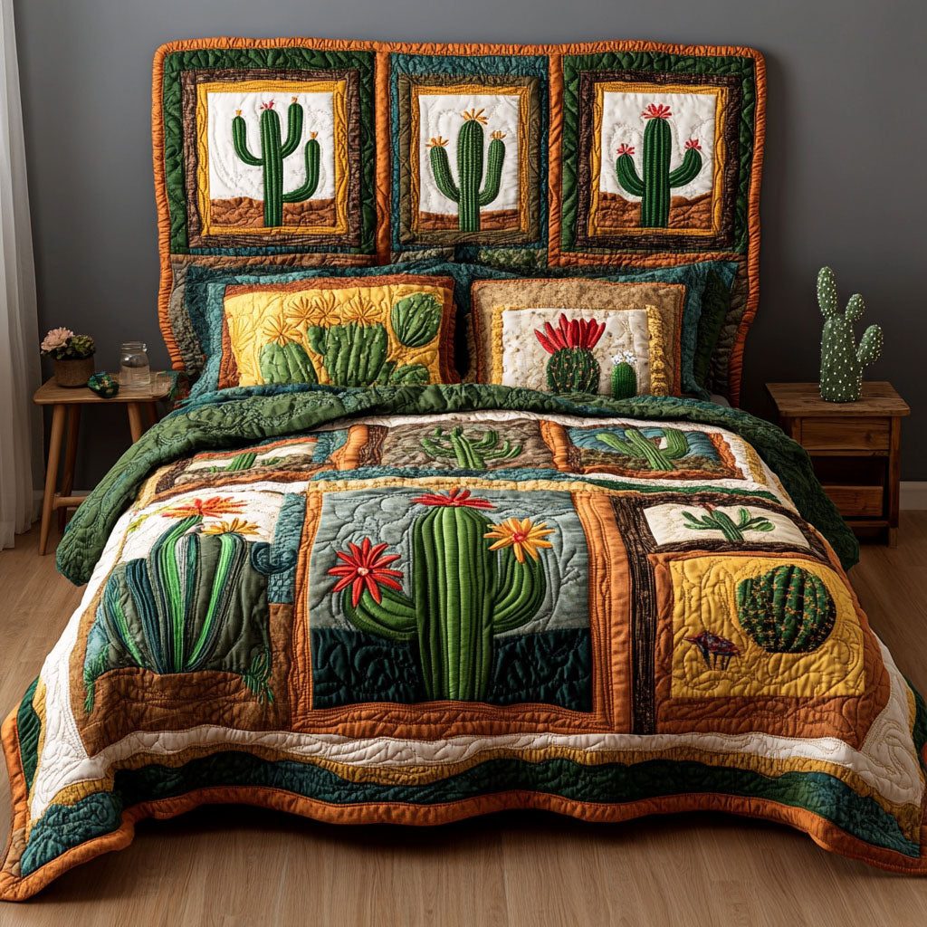 Prickly Perfection quilted 3-piece bedding set on a made bed with two matching pillow shams