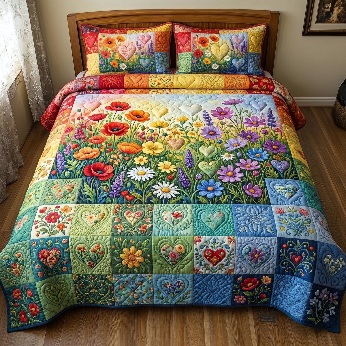 Pride Heart quilted 3-piece bedding set on a made bed with two matching pillow shams
