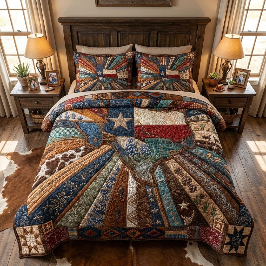 Pride of the Lone Star State quilted 3-piece bedding set on a made bed with two matching pillow shams